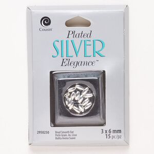 Bead, brass, pkg/15, silver plate, 6x3mm oval tube.