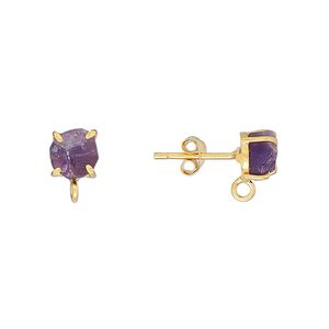 Sterling silver / amethyst 1pkg2, rough nugget earstud / closed loop gold-plated 5-7mm