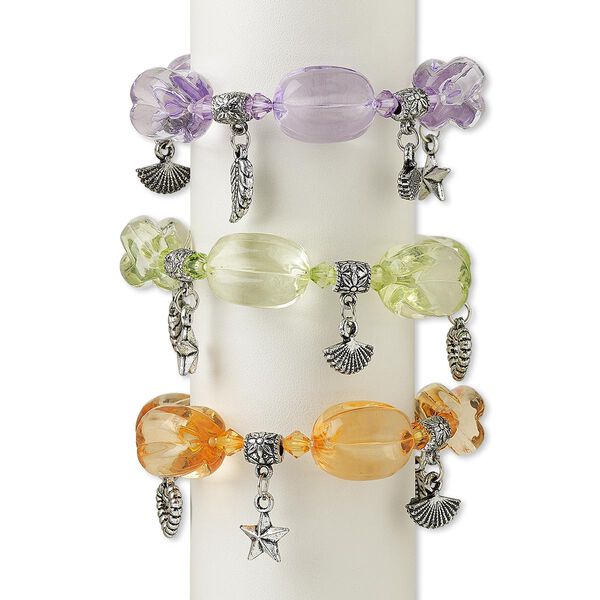 Bracelet mix, stretch, acrylic and silver-coated plastic, multicolored, 6x6mm-22x16 mixed shape, 6 inches. Sold per pkg of 3. image number 0