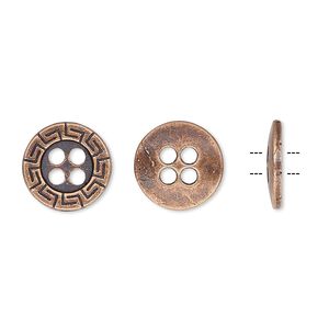 Button, antiqued copper-finished "pewter" (zinc-based alloy), 12mm single-sided flat round with Greek key design. Sold per pkg of 50.