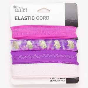 Cord assortment, elastic, pkg/(4) 1.5m lengths, 15mm, pink / purple / gold.