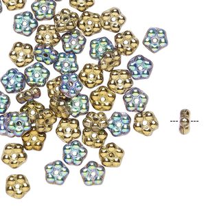 Bead, Preciosa, Czech pressed glass, opaque glittery amber, 5x2mm forget-me-not flower. Sold per pkg of 50.
