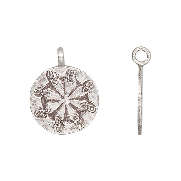 Drop, Hill Tribes, antiqued sterling silver, 17mm round shield with flower design. Sold individually. image number 0