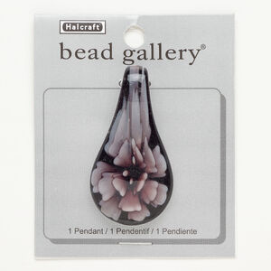 Focal, lampworked glass, black and purple, 56x29mm-58x32mm spoon with flower. Sold individually.