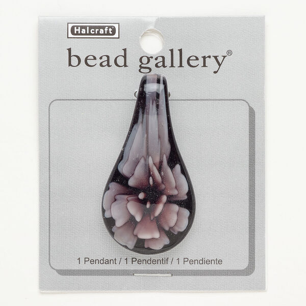 Focal, lampworked glass, black and purple, 56x29mm-58x32mm spoon with flower. Sold individually. image number 0