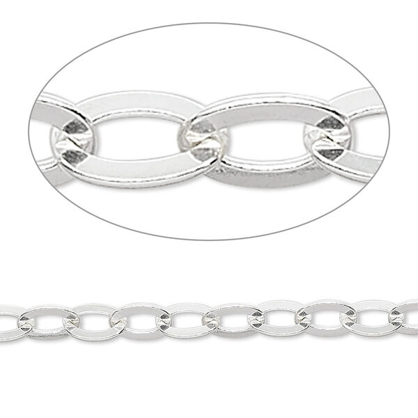 Chain, sterling silver, 7x5mm flat cable. Sold per pkg of 5 feet. image number 0