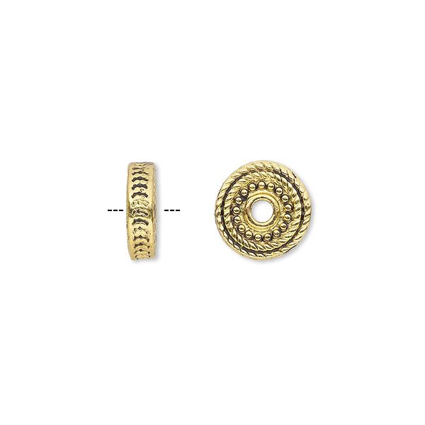 Bead, antique gold-finished "pewter" (zinc-based alloy), 10x3mm rondelle with rope design. Sold per pkg of 10. image number 0