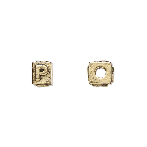 Bead, antique gold-plated pewter (tin-based alloy), 8x6mm rectangle with alphabet letter "P." Sold per pkg of 4. image number 0