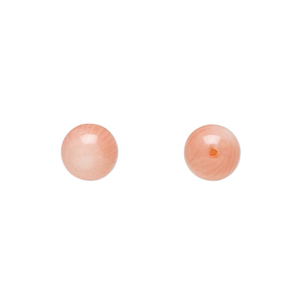 Bead, bamboo coral (dyed), pink, 7.5-8.5mm half-drilled round, Mohs hardness 3-1/2 to 4. Sold per pkg of 2. image number 0