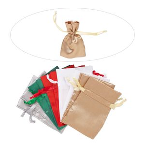 Pouch, satin, assorted Christmas colors, 4-3/4 x 3 inches with drawstring closure. Sold per pkg of 10.