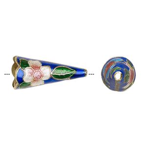 Cone, enamel and gold-finished copper, dark blue and multicolored, 22x10mm with butterfly and flower, 8mm inside diameter. Sold per pkg of 4.