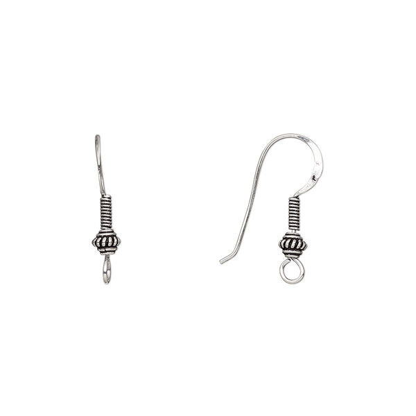 Ear wire, antiqued sterling silver, 26mm fishhook with 5mm fancy round and 5mm coil with open loop, 20 gauge. Sold per pkg of 2 pairs. image number 0