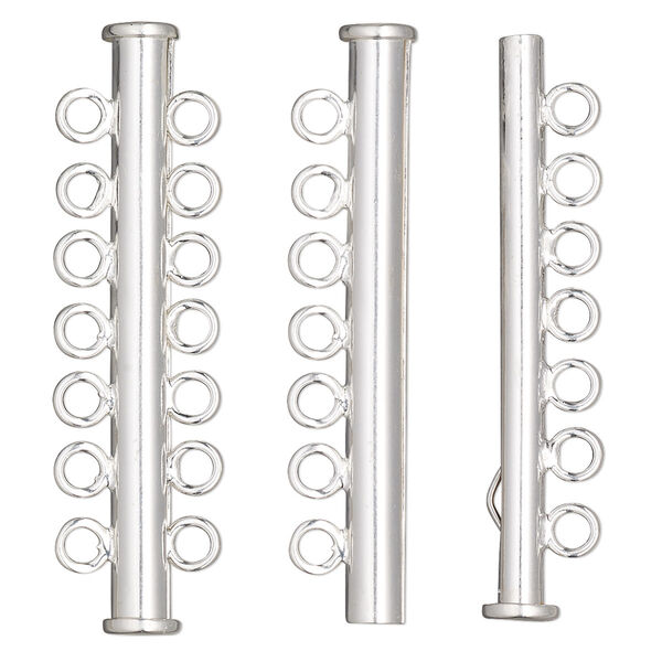 Clasp, 7-strand slide lock, sterling silver, 43x5.5mm tube. Sold individually. image number 0