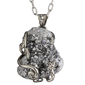 Necklace, electroplated druzy agate (coated) and imitation rhodium-plated brass, silver, 30x20mm-38x28mm hand-cut wire-wrapped freeform, 20 inches with 2-1/2 inch extender chain and lobster claw clasp. Sold individually.