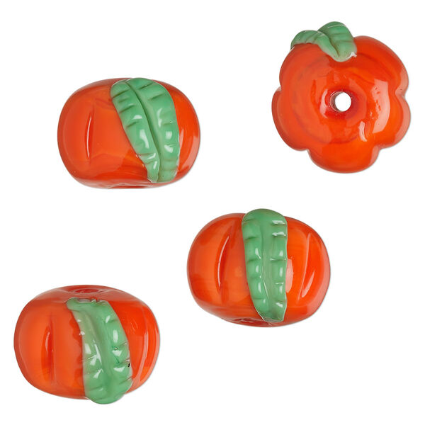Bead, lampworked glass, opaque orange and green, 17x11mm pumpkin. Sold per pkg of 4. image number 0