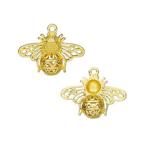 Charm, gold-finished brass, 21x14mm single-sided bee. Sold individually.