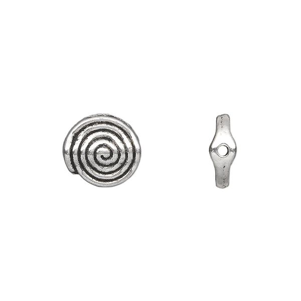 Bead, antique silver-plated "pewter" (zinc-based alloy), 11mm double-sided flat round with spiral design. Sold per pkg of 20. image number 0