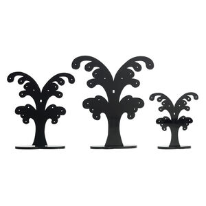 Display, earring, acrylic, black, (1) 6 x 1-1/2 x 4-inch, (1) 4-3/4 x 1-1/8 x 3-1/8 inch and (1) 3-1/2 x 1 x 2-5/16 inch tree. Sold per set of 3.