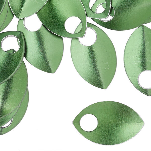 Component, anodized aluminum, dark green, 22x14mm 2-sided curved scale blank with 5mm hole, 20 gauge. Sold per pkg of 20. image number 0