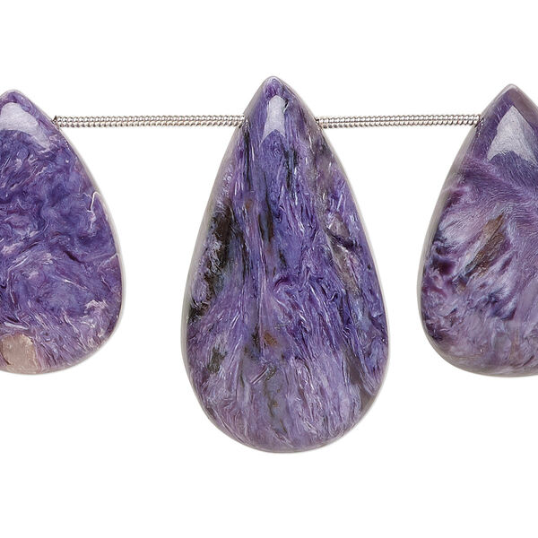 Bead, charoite (natural), 27x18mm-36x20mm graduated hand-cut top-drilled puffed teardrop with flat back, B grade, Mohs hardness 5 to 6. Sold per pkg of 3. image number 0
