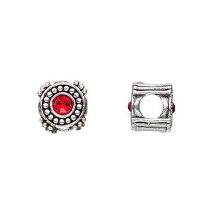 Bead, Dione®, antique silver-plated pewter (tin-based alloy) and crystal rhinestone, ruby red, 10mm double-sided round. Sold individually.