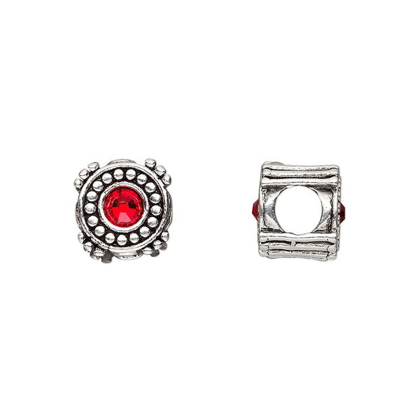 Bead, Dione®, antique silver-plated pewter (tin-based alloy) and crystal rhinestone, ruby red, 10mm double-sided round. Sold individually. image number 0
