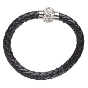 Bracelet, leather (dyed) / silver-finished brass / glass, black / white / clear, 6mm bolo cord, 7 inches with magnetic clasp. Sold individually.