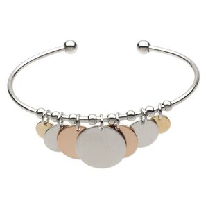 Bracelet, cuff, imitation rhodium- /copper- / gold-finished brass, 2mm wide with 8-18mm graduated flat round dangle, adjustable from 6 to 6-1/2 inches. Sold individually.