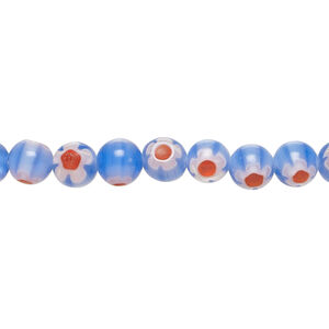 Bead, millefiori glass 1pkg1, translucent red / blue / white, 6mm round, 15 inches.
