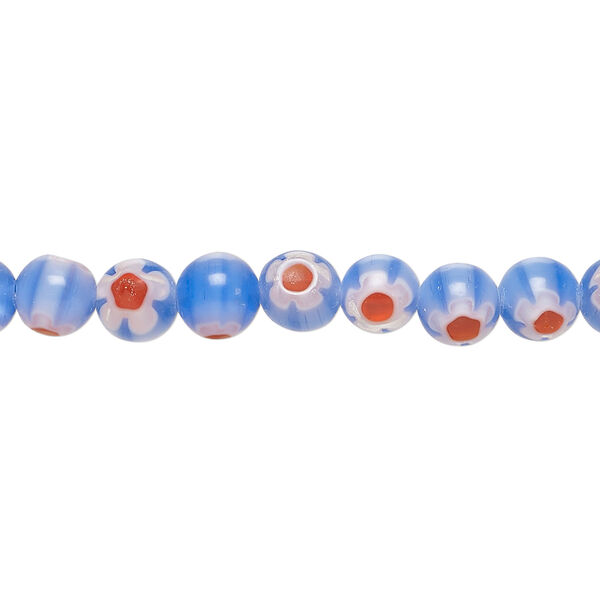 Bead, millefiori glass 1pkg1, translucent red / blue / white, 6mm round, 15 inches. image number 0