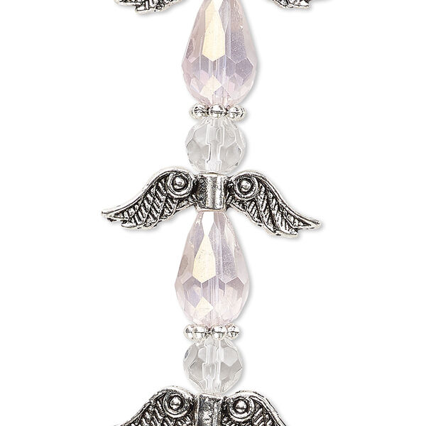 Bead, crystal and antique silver-plated "pewter" (zinc-based alloy), translucent pink AB and clear, 23mm angel. Sold per pkg of 4. image number 0