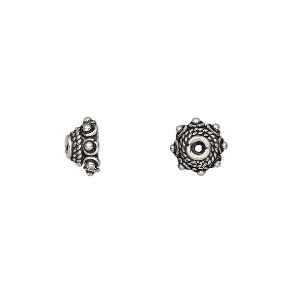 Bead cap, antiqued sterling silver, 8.5x4.5mm beaded round with twist design, fits 8-10mm bead. Sold per pkg of 2. image number 0