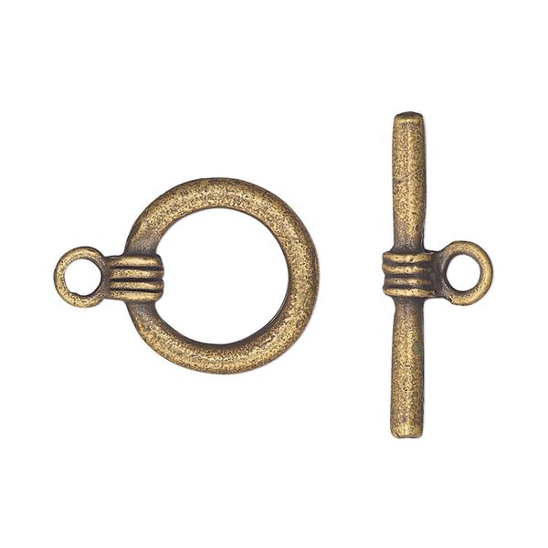 Clasp, toggle, antique brass-plated pewter (tin-based alloy), 16mm round with banded design. Sold per pkg of 2. image number 0