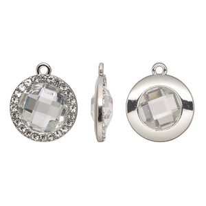 Drop, glass / glass rhinestone / imitation rhodium-finished "pewter" (zinc-based alloy), transparent clear, 19mm single-sided round. Sold per pkg of 2.