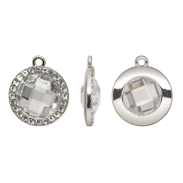 Drop, glass / glass rhinestone / imitation rhodium-finished "pewter" (zinc-based alloy), transparent clear, 19mm single-sided round. Sold per pkg of 2. image number 0