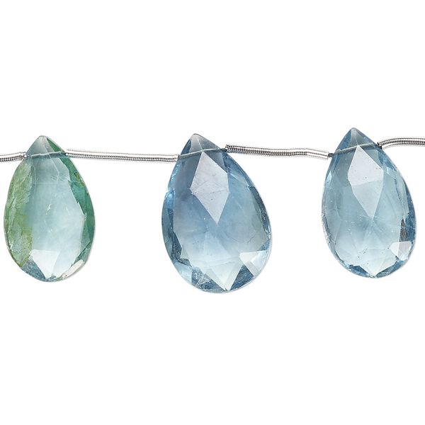 Blue-green fluorite 1pkg5, hand-cut top-drilled faceted puffed teardrop bead natural graduated 13x10mm-18x13mm image number 0