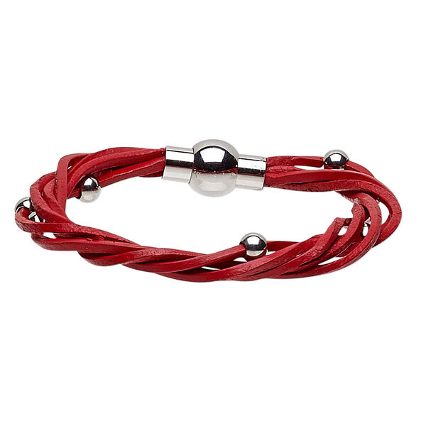 Bracelet, 5-strand, leather (dyed) and stainless steel, red, 8mm wide twisted with 5mm round, 6-1/2 inches with magnetic clasp. Sold individually. image number 0