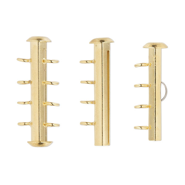 Clasp, 4-strand slide lock, gold-plated brass, 26x6mm round tube. Sold per pkg of 4. image number 0