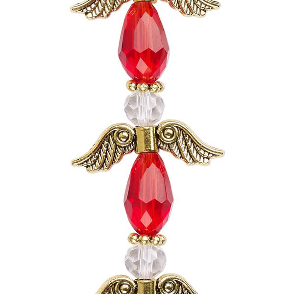 Bead, crystal and antique gold-finished "pewter" (zinc-based alloy), transparent red and clear, 23mm angel. Sold per pkg of 4. image number 0
