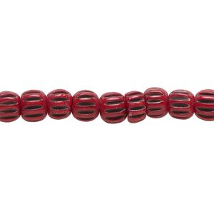 Bead, bone (dyed), red and black, 6.5x5.5mm corrugated barrel. Sold per 15-1/2" to 16" strand.