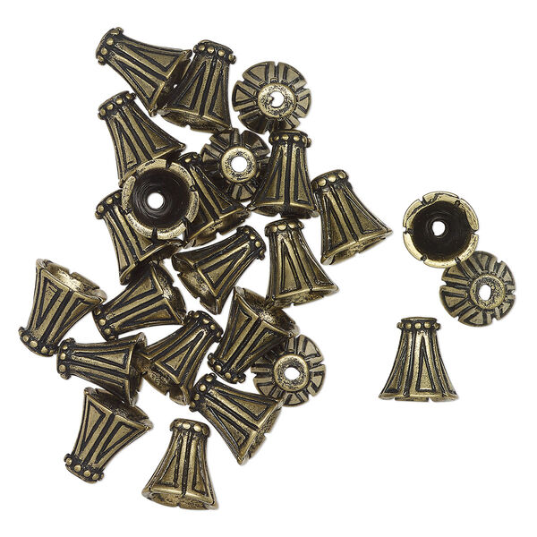 Cone, antique gold-finished "pewter" (zinc-based alloy), 12x11mm with triangle design, 7.5mm inside diameter. Sold per pkg of 24. image number 0