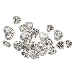 Bead, antique silver-plated "pewter" (zinc-based alloy), 8x7mm-16x12mm assorted double-sided heart. Sold per pkg of 20.