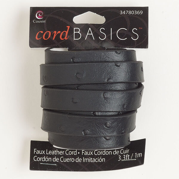 Cord, faux leather, pkg/1m, black, 12mm flat with indentend circles design. image number 0
