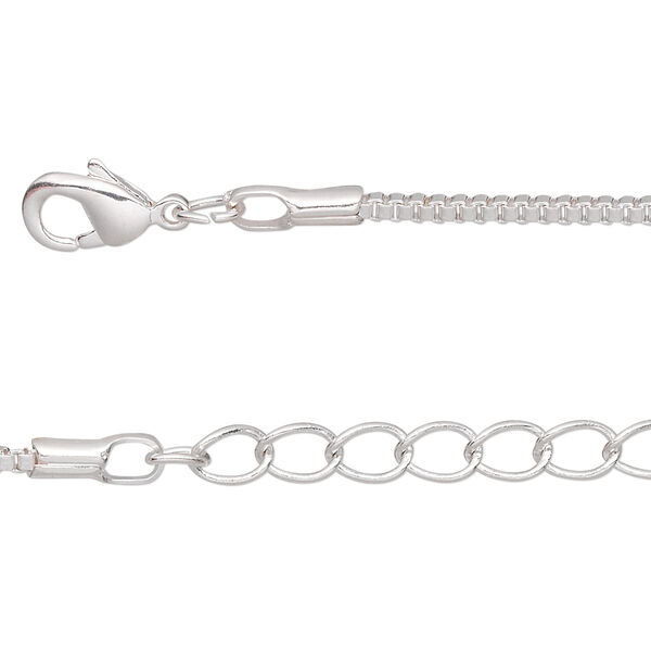 Chain, silver-plated brass, 1.5mm Venetian box, 18 inches with 1-inch extender chain and lobster claw clasp. Sold per pkg of 4. image number 0