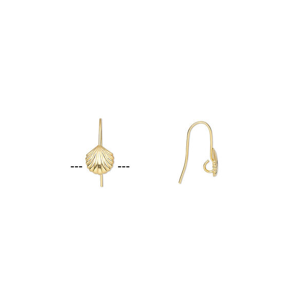 Ear wire, gold-plated brass, 17mm fishhook with 8.5x8mm shell and hidden open loop, 21 gauge. Sold per pkg of 50 pairs. image number 0