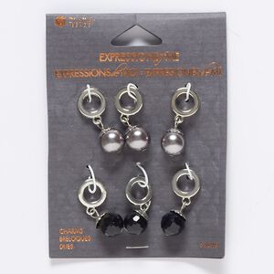 Drop mix, glass / glass pearl / silver-finished "pewter" (zinc-based alloy) / steel, opaque black and grey, 27x11mm-29x11mm round and faceted round with 6.5mm hole. Sold per pkg of 6.