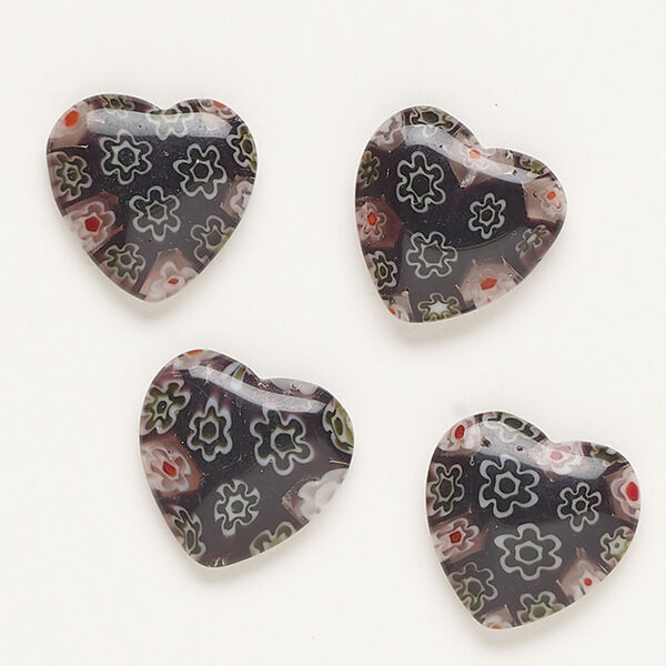 Bead, millefiori glass, opaque dark purple and multicolored, 18-20mm half-drilled puffed heart. Sold per pkg of 4. image number 0