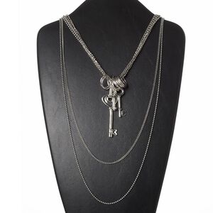 Necklace, 6-strand, antiqued silver-finished brass / "pewter" (zinc-based alloy) / steel, 33x13mm / 42x14mm / 68x25mm key, 24 inches with lobster claw clasp. Sold individually.