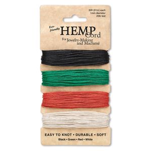 Cord, Hemptique®, hemp, assorted Christmas colors, 1mm diameter, 20-pound test. Sold per pkg of (4) 30-foot sections.