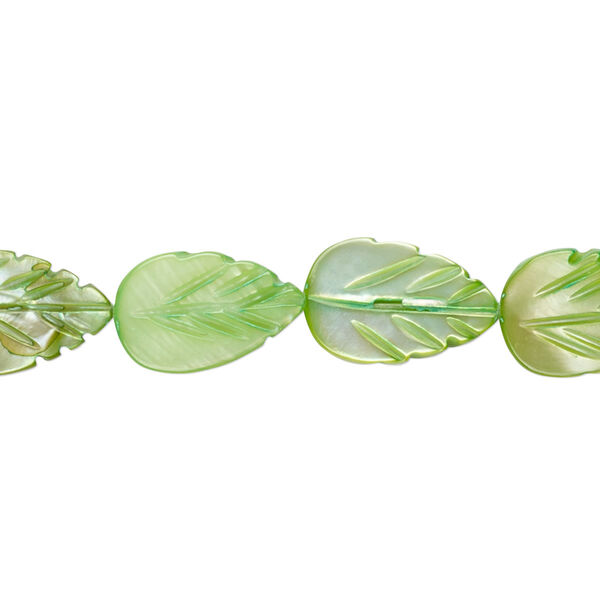 Bead, mother-of-pearl shell (dyed), spring green, 14x9mm carved leaf, Mohs hardness 3-1/2. Sold per 15" to 16" strand. image number 0